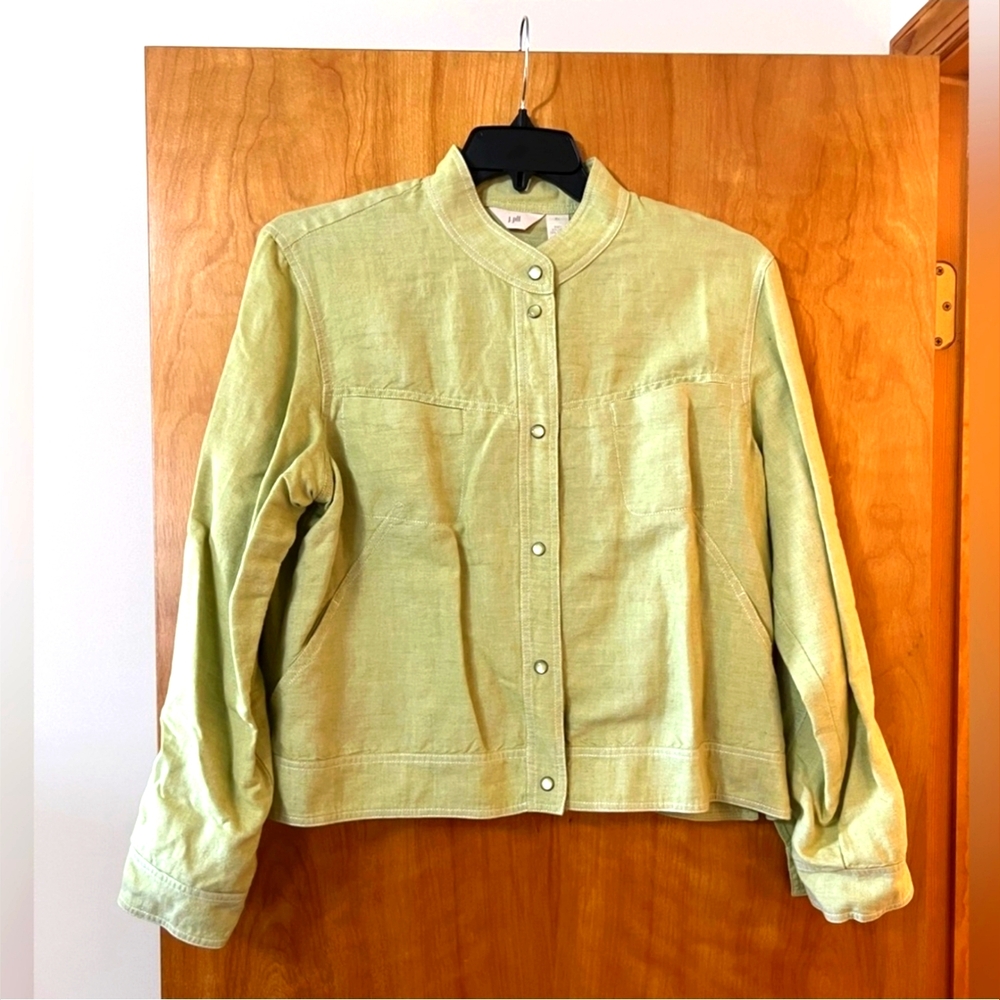J. Jill Jacket Green Linen Cotton Snap Front Pockets Breathable Lightweight XL